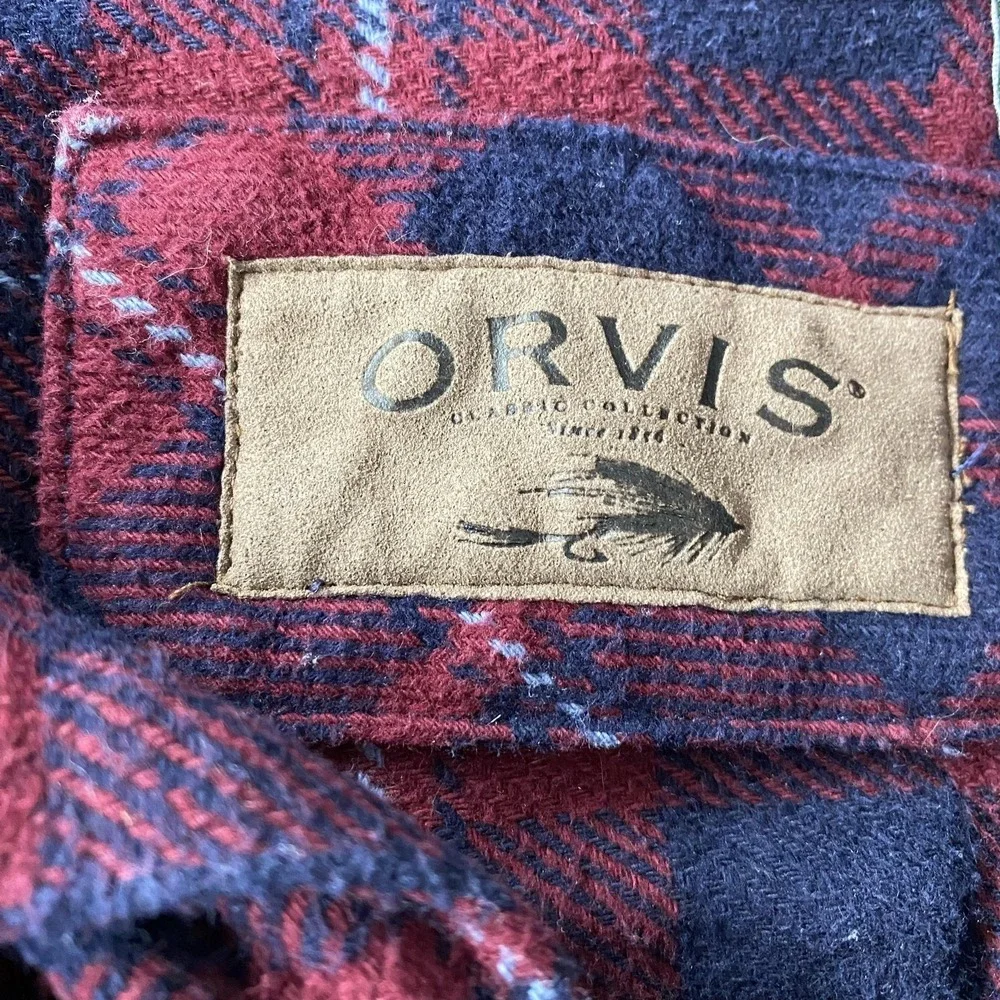 Orvis Shirt Mens Medium Red Navy Plaid Flannel Button Front Side Pockets Outdoor